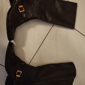 Etienne Aigner Brown Leather Knee Boots with Gold Buckle